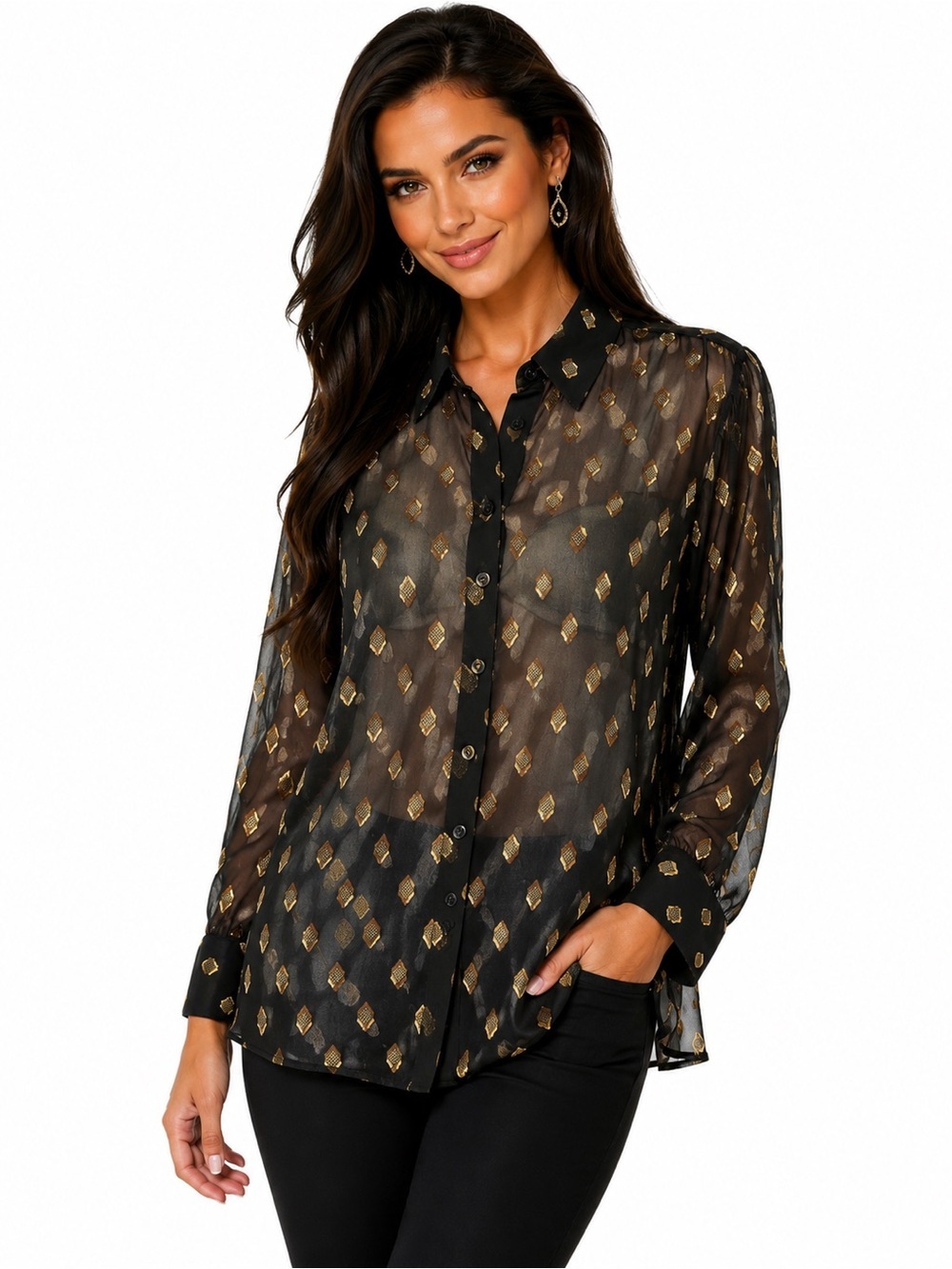 Chicos Design Women’s Sheer Black Gold Metallic Button Blouse Size 2 (L-12)